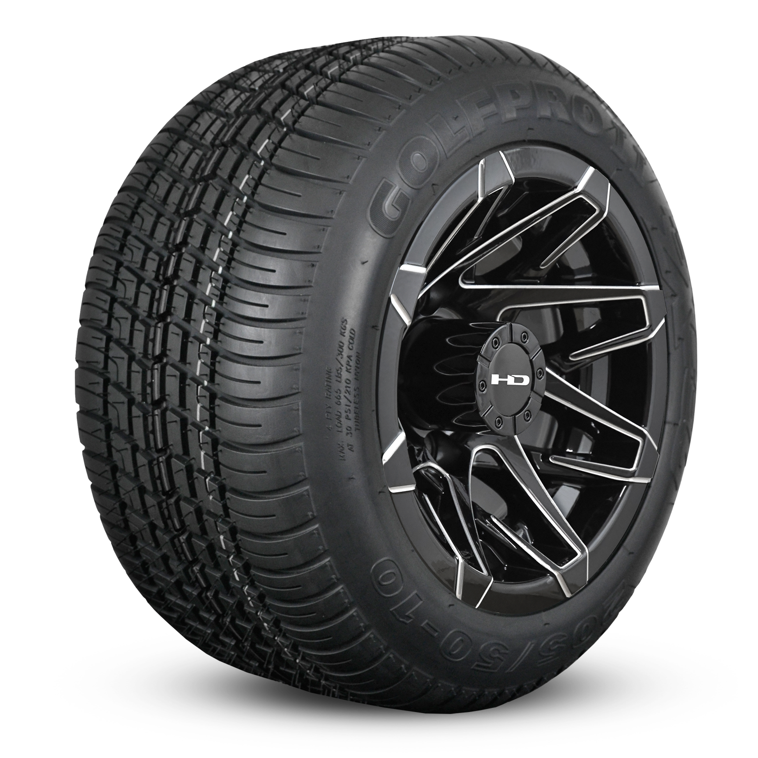 Shop the HD Golf Wheels CANYON Gloss Black Milled Edges with Turf / Street Tires online today for your Club Car, Cushman, EZGO, ICON EV, Garia, Massimo, Polaris, or Yamaha Golf Cart.
