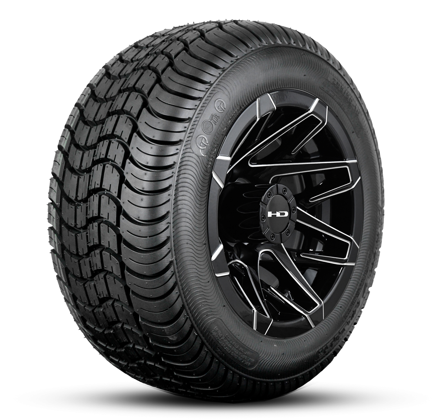 Shop the HD Golf Wheels CANYON Gloss Black Milled Edges with Turf / Street Tires online today for your Club Car, Cushman, EZGO, ICON EV, Garia, Massimo, Polaris, or Yamaha Golf Cart.