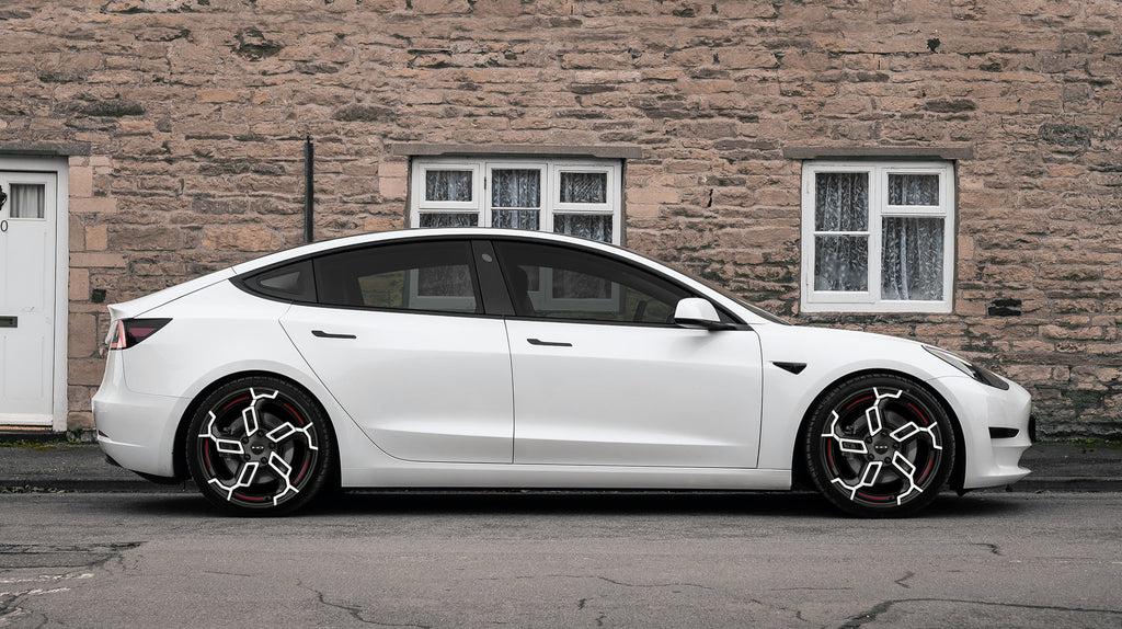HD Wheels Switch 20x8.5 Black machined with Redlines on Tesla Model 3 Lowered Side Angle Shot