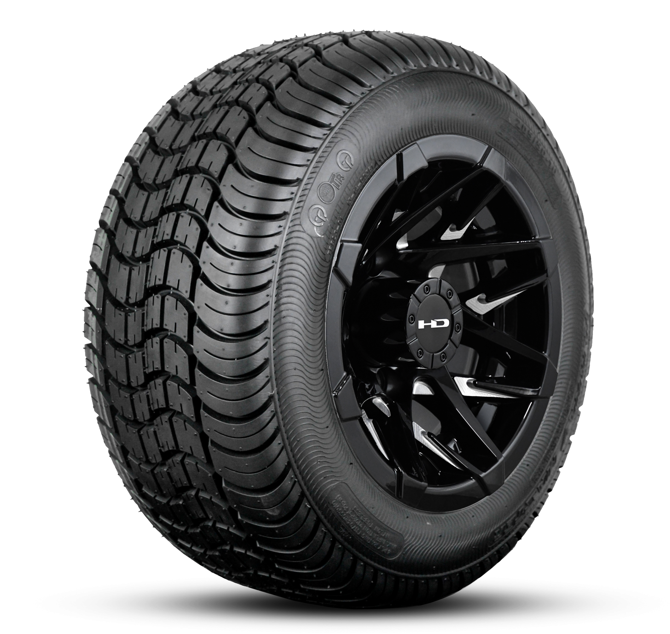 Shop the HD Golf Wheels CANYON Gloss Black Milled Edges with Turf / Street Tires online today for your Club Car, Cushman, EZGO, ICON EV, Garia, Massimo, Polaris, or Yamaha Golf Cart.