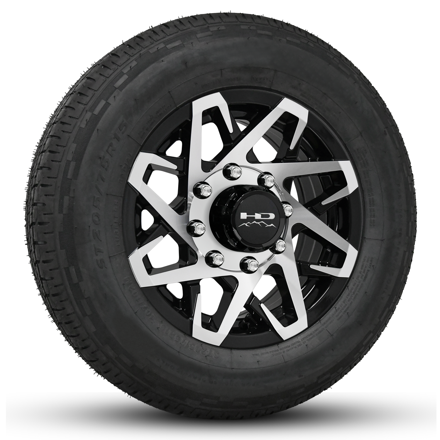 Shop the Heavy Duty Canyon Trailer Wheel RIm & Tire Packages at HD Trailer in size 16x6.0 in Bolt Pattern 8 Lug in Gloss Black with Machined Face