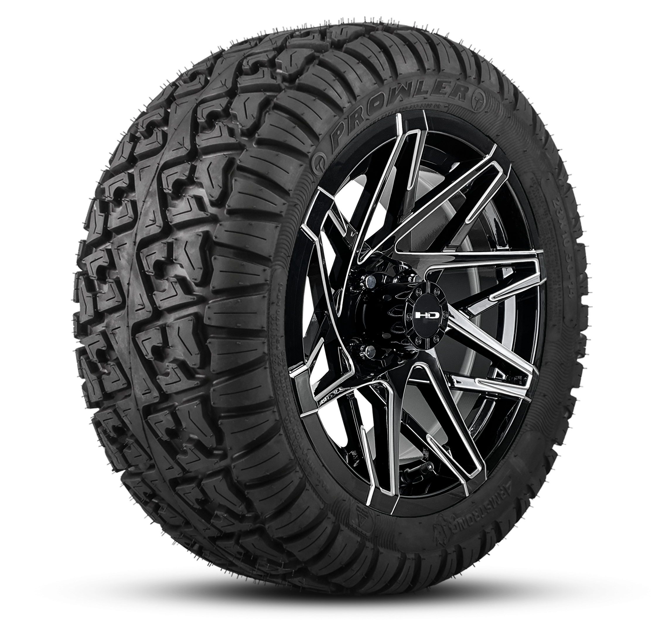 Shop the HD Golf Wheels CANYON Gloss Black Milled Edges with Turf / Street Tires online today for your Club Car, Cushman, EZGO, ICON EV, Garia, Massimo, Polaris, or Yamaha Golf Cart.