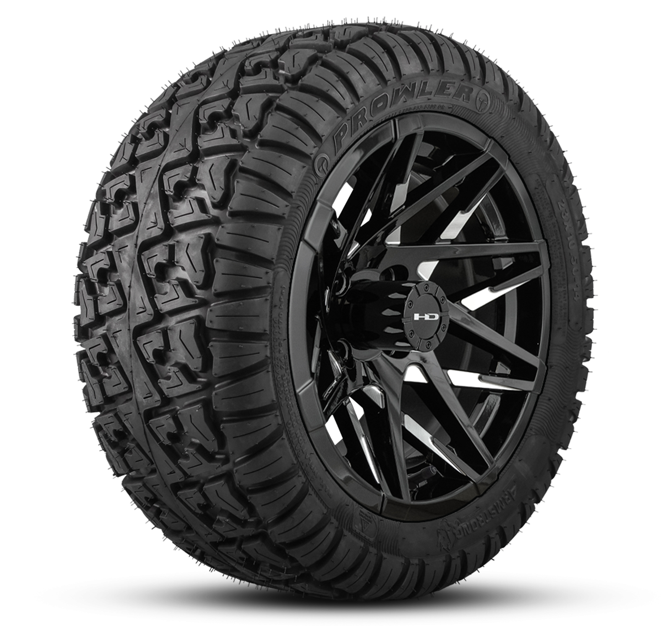 Shop the HD Golf Wheels CANYON Gloss Black Milled Face with A/T Off-Road Tires online today for your Club Car, Cushman, EZGO, ICON EV, Garia, Massimo, Polaris, or Yamaha Golf Cart.