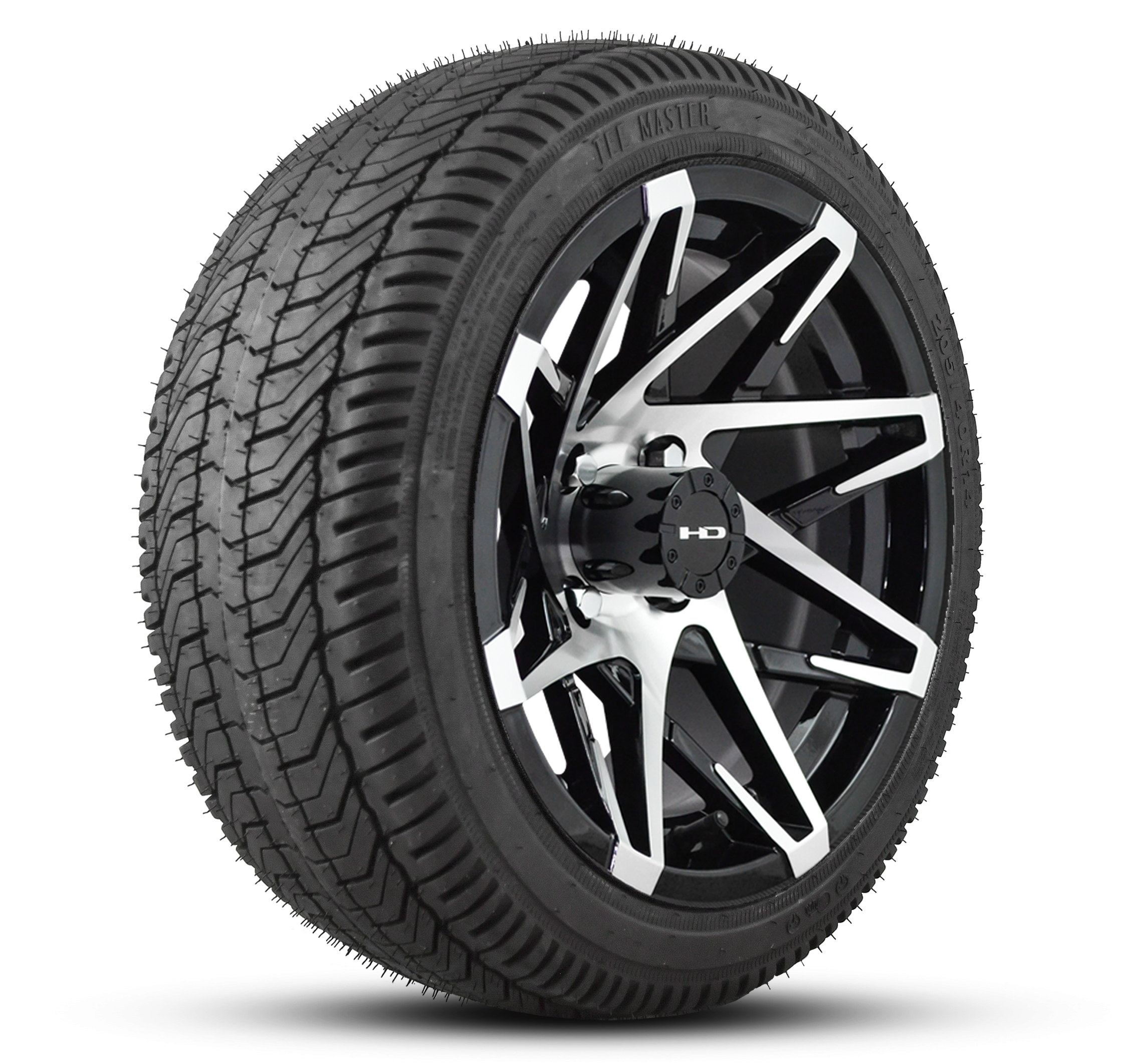 Shop the HD Golf Wheels CANYON Satin Black Machined Face with Turf / Street Tires online today for your Club Car, Cushman, EZGO, ICON EV, Garia, Massimo, Polaris, or Yamaha Golf Cart.