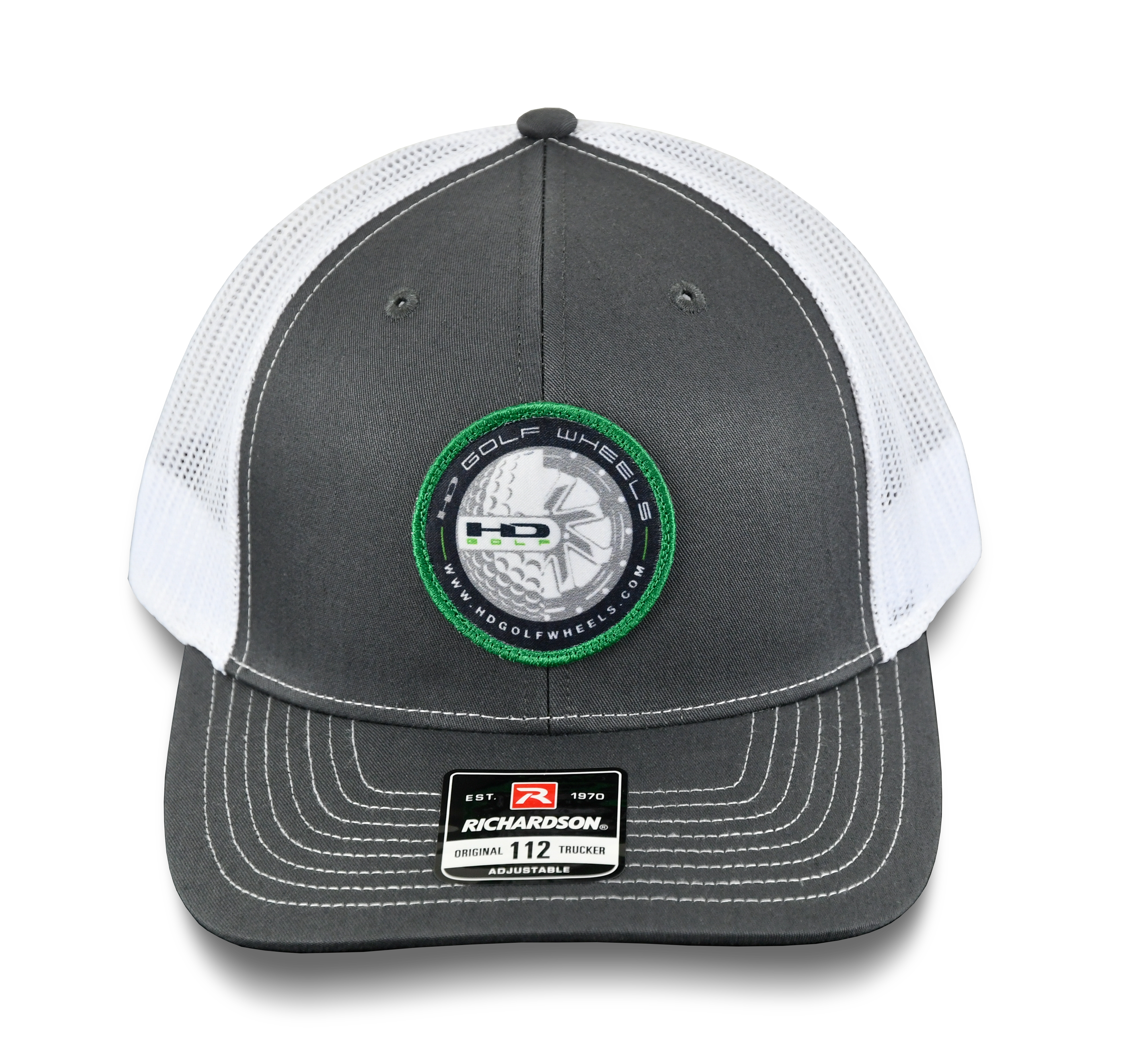 HD Golf Cart Wheels Official Branded Richardson 112 Snap Back Sport Hat White, Gray, & Green