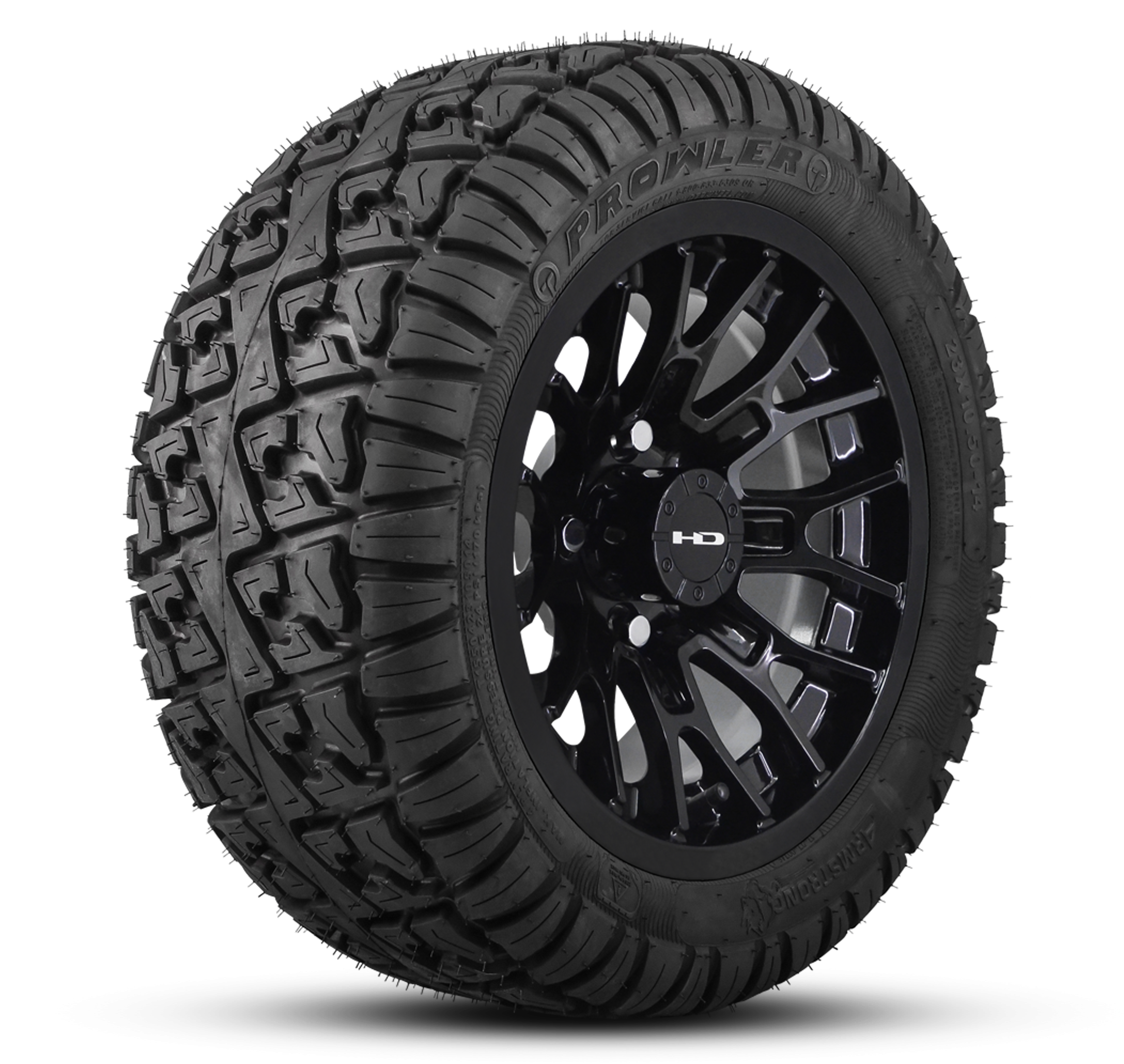 Shop the HD Golf Wheels RTC All Gloss Black with A/T Off-Road Tires online today for your Club Car, Cushman, EZGO, ICON EV, Garia, Massimo, Polaris, or Yamaha Golf Cart.