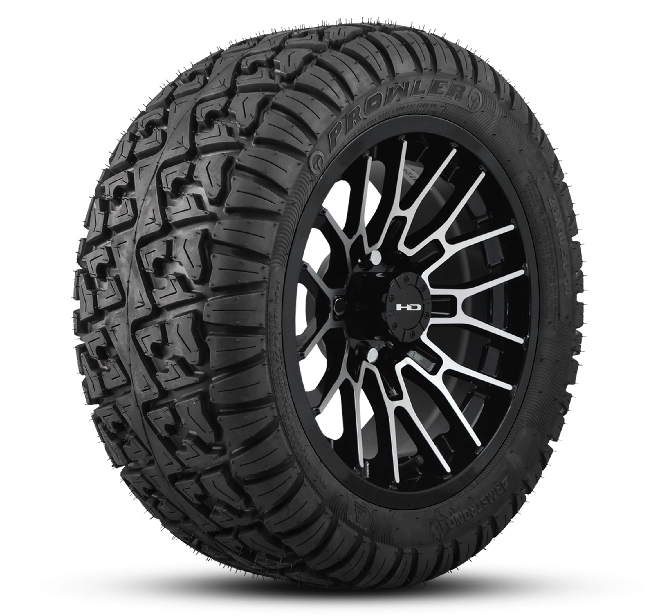 Shop the HD Golf Wheels RTC Gloss Black Machined Face with A/T Off-Road Tires online today for your Club Car, Cushman, EZGO, ICON EV, Garia, Massimo, Polaris, or Yamaha Golf Cart.