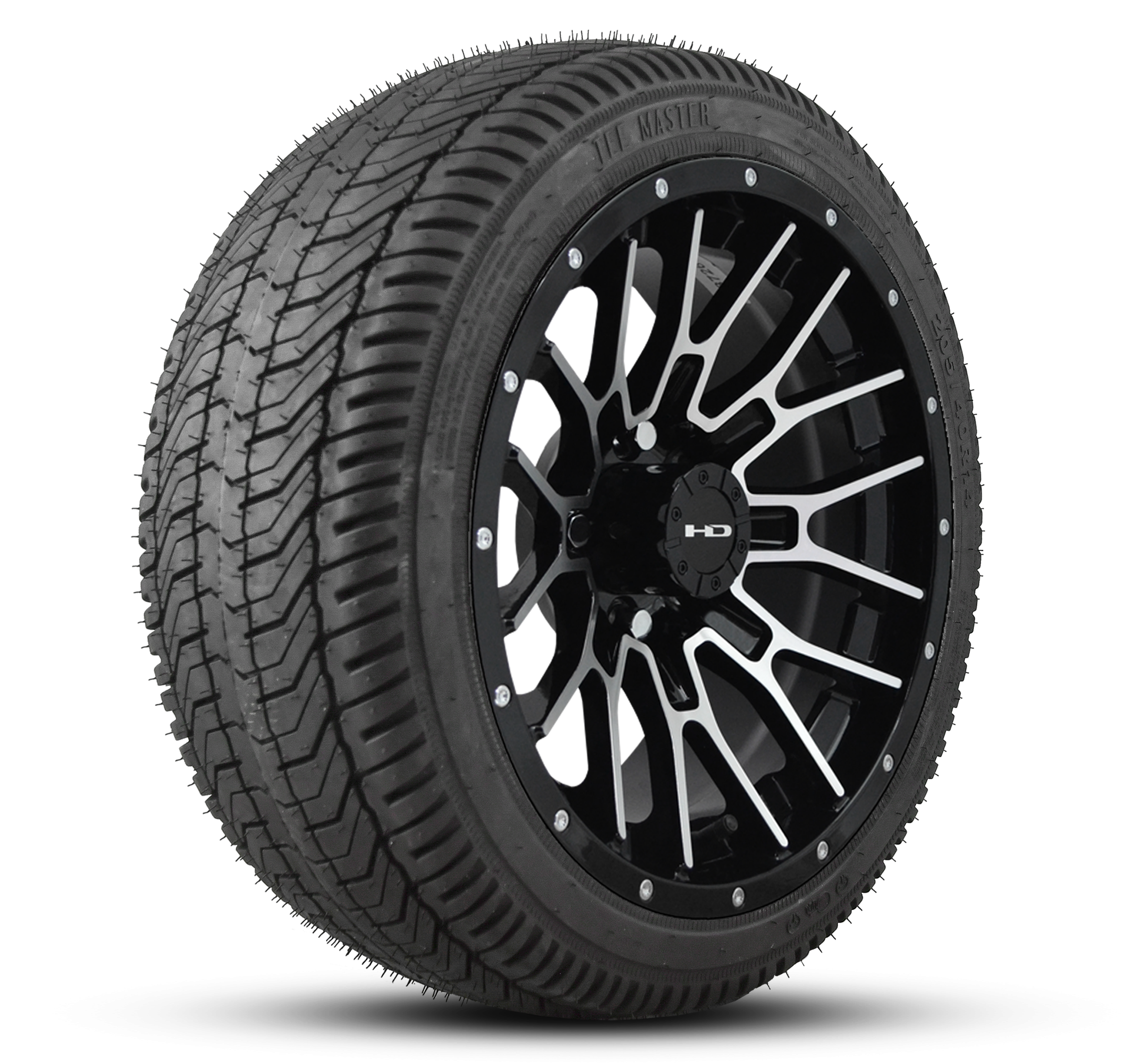 Shop the HD Golf Wheels RTC Gloss Black Machined Face Lip Rivets with Turf / Street Tires online today for your Club Car, Cushman, EZGO, ICON EV, Garia, Massimo, Polaris, or Yamaha Golf Cart.