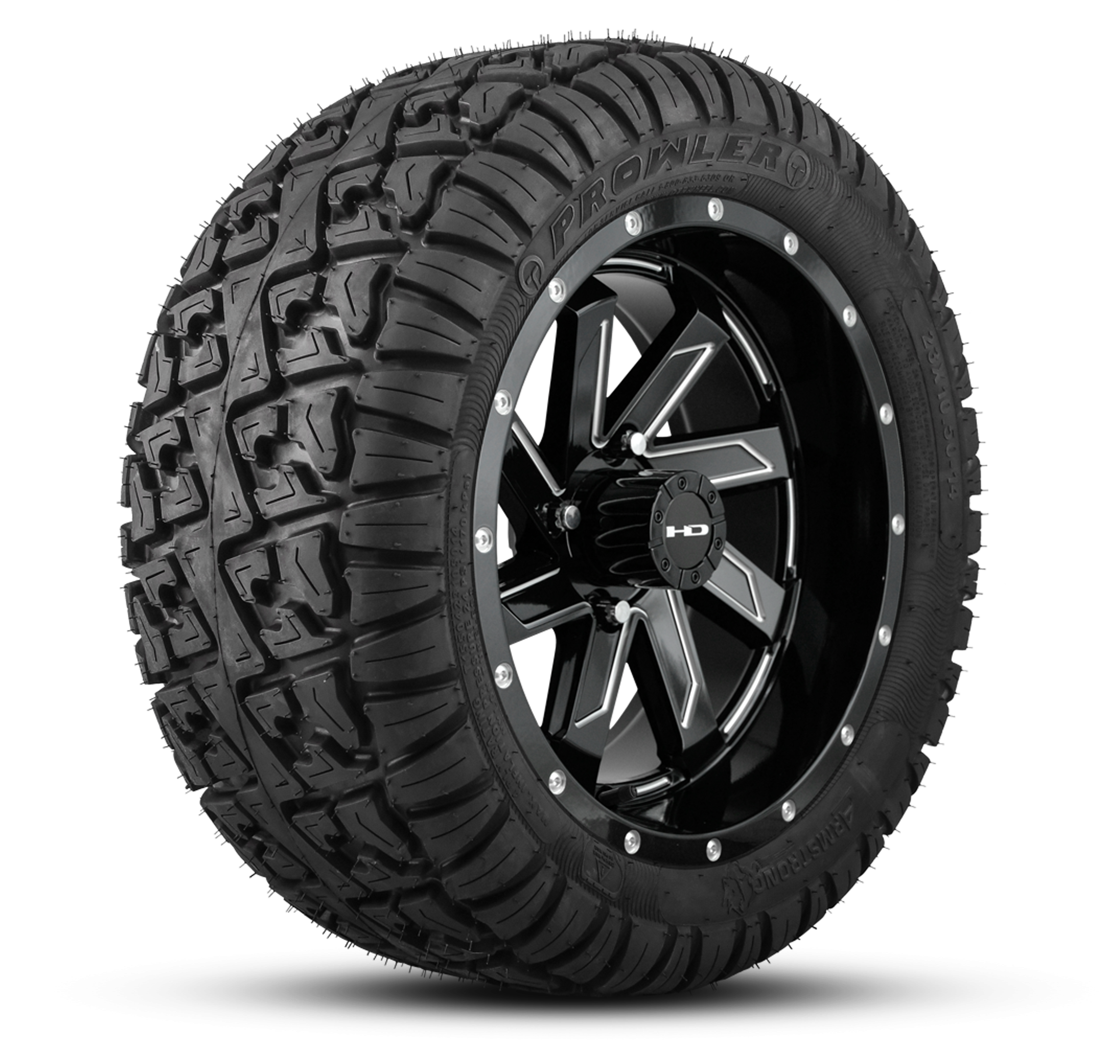 HD Golf Wheel & Tire Package ( 1pc ) 14x7.0 SAW Gloss Black Milled Edges w ( 1pc ) 23 Inch A/T Tire