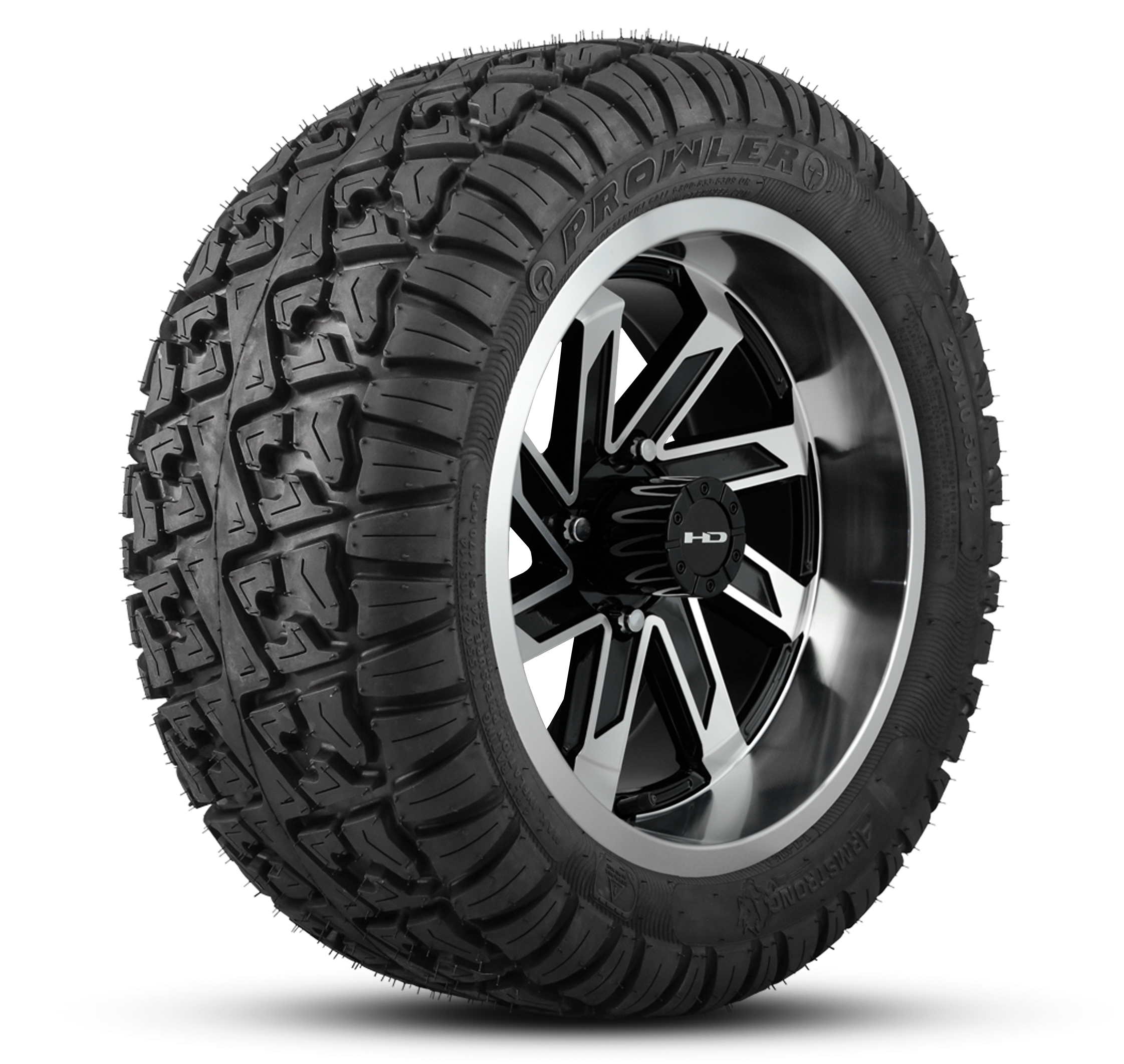 Shop the HD Golf Wheels SAW Gloss Black Machined with A/T Off-Road Tires online today for your Club Car, Cushman, EZGO, ICON EV, Garia, Massimo, Polaris, or Yamaha Golf Cart.