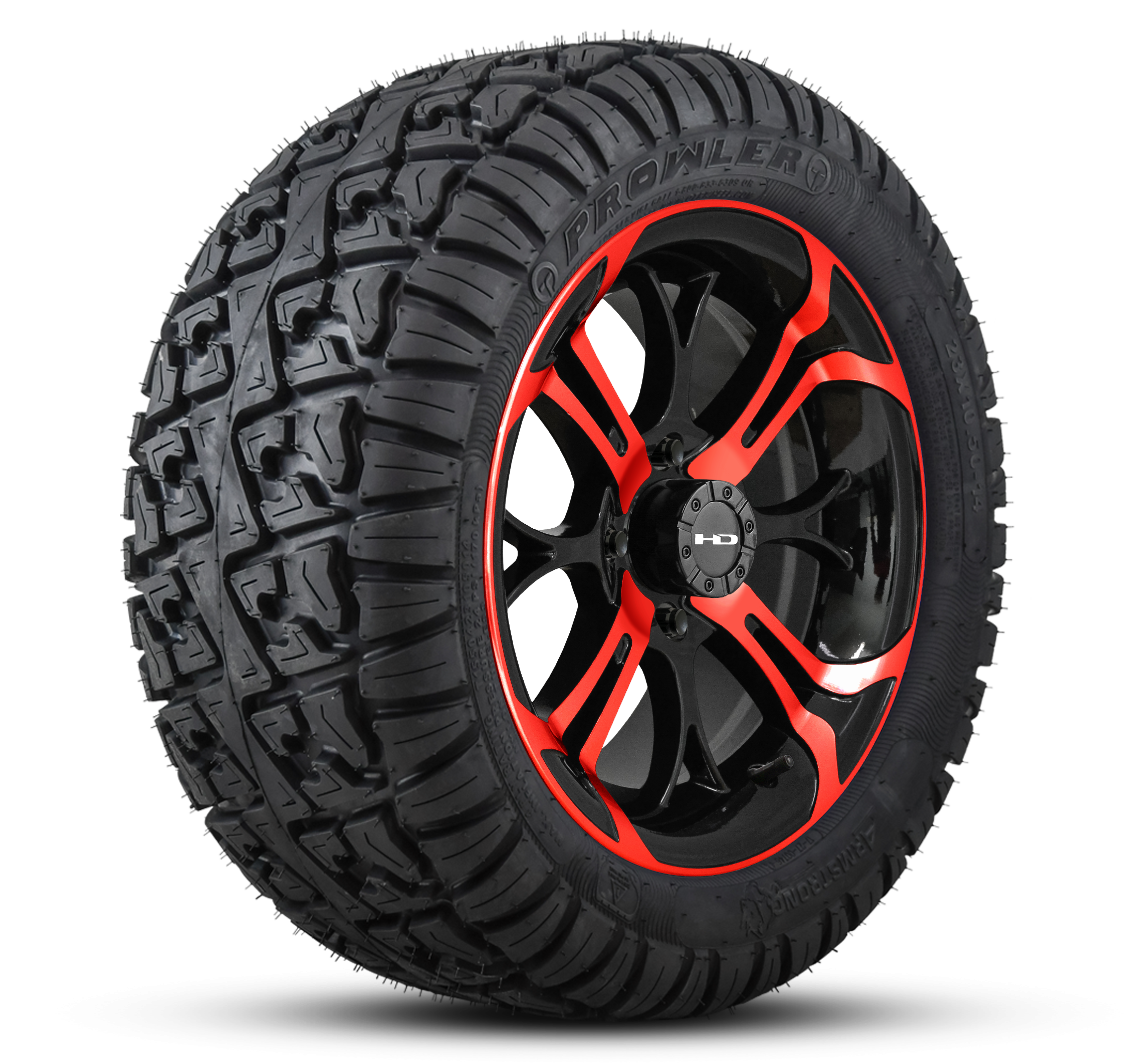 HD Golf Wheel & Tire Package ( 1pc ) 14x7.0 Spinout Gloss Black & Red w ( 1pc ) 23 Inch A/T Tire