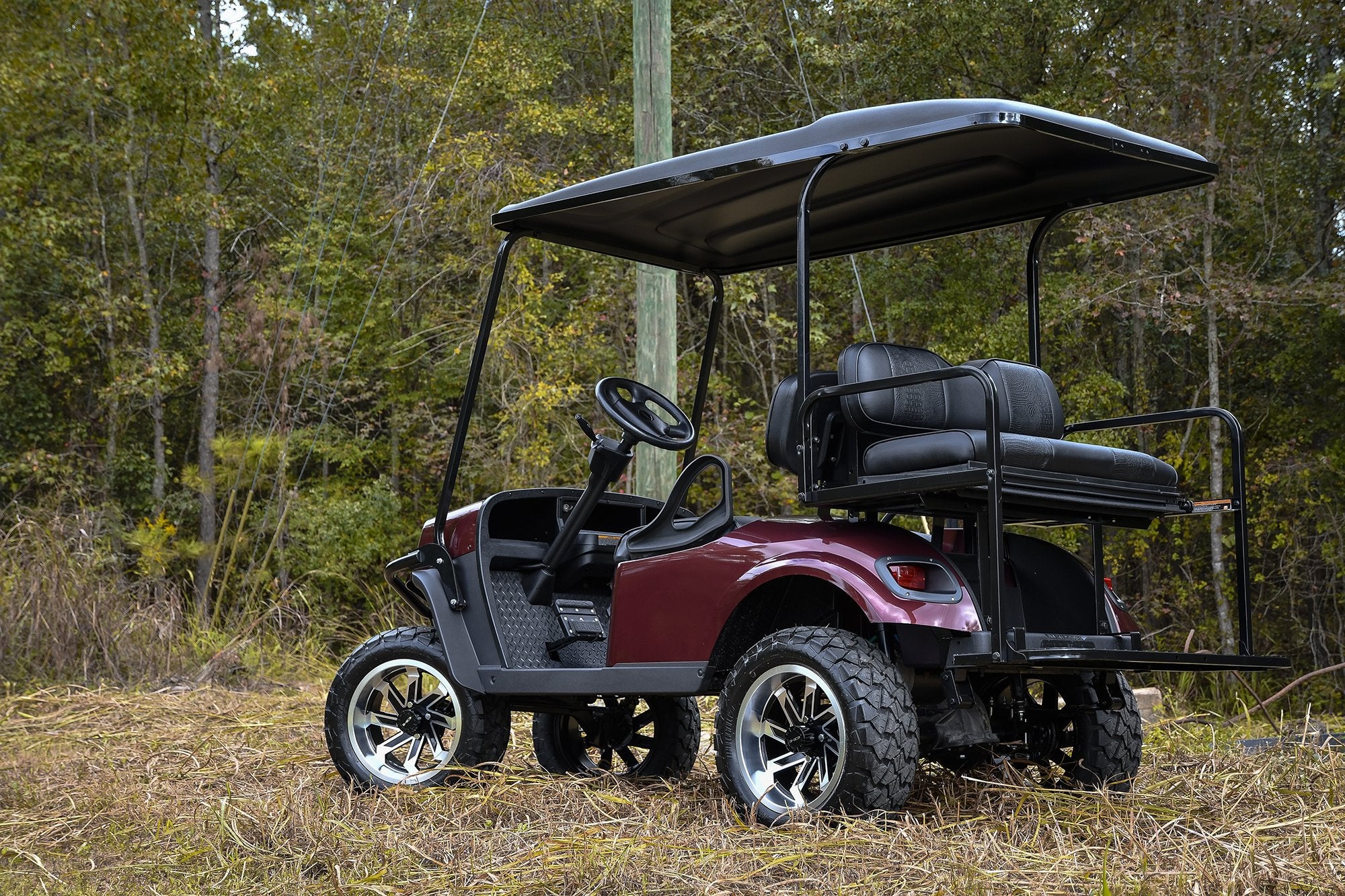Shop the HD Golf Wheels SAW Gloss Black Machined with A/T Off-Road Tires online today for your Club Car, Cushman, EZGO, ICON EV, Garia, Massimo, Polaris, or Yamaha Golf Cart.