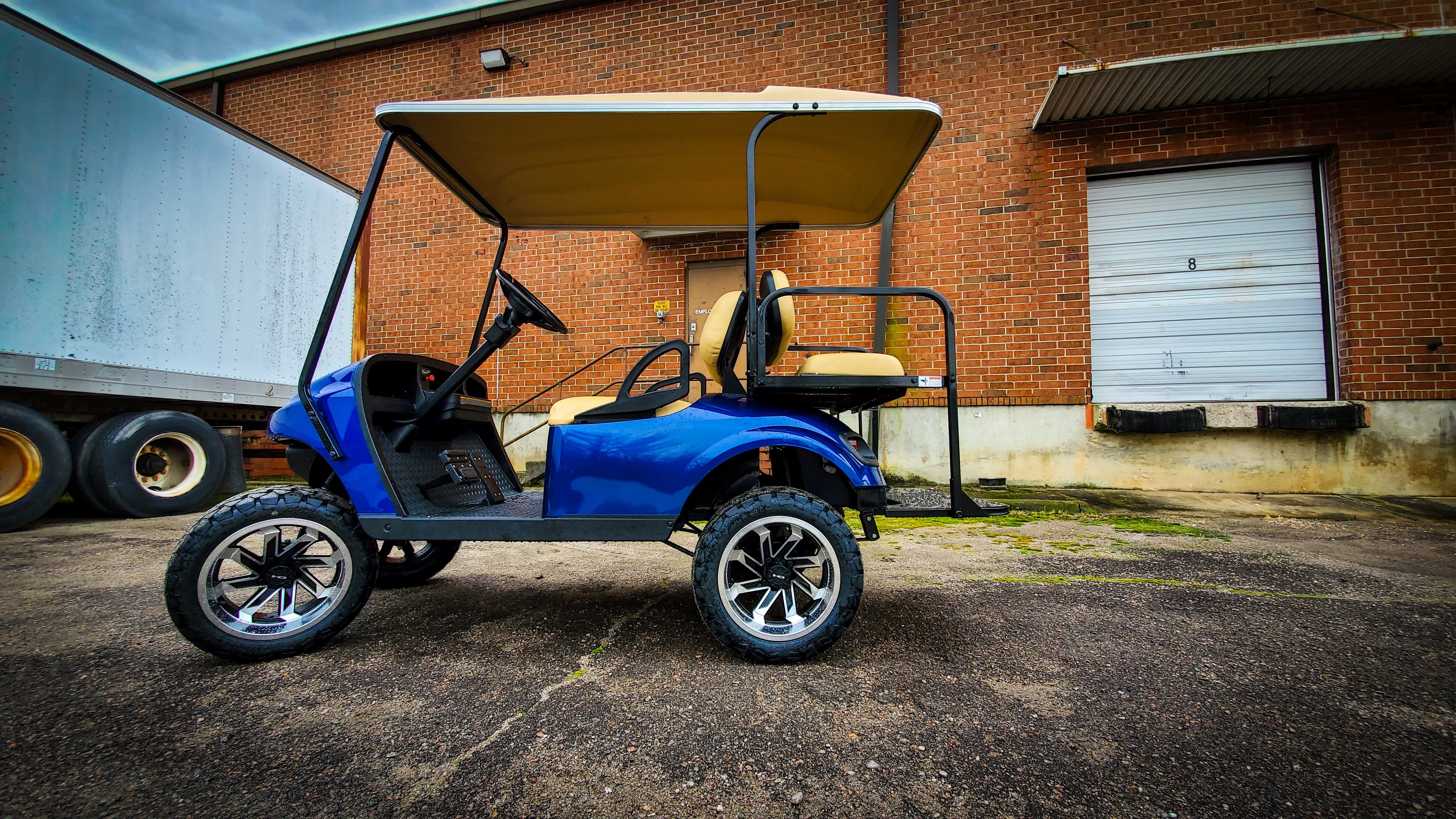 Shop the HD Golf Wheels SAW Gloss Black Machined with A/T Off-Road Tires online today for your Club Car, Cushman, EZGO, ICON EV, Garia, Massimo, Polaris, or Yamaha Golf Cart.