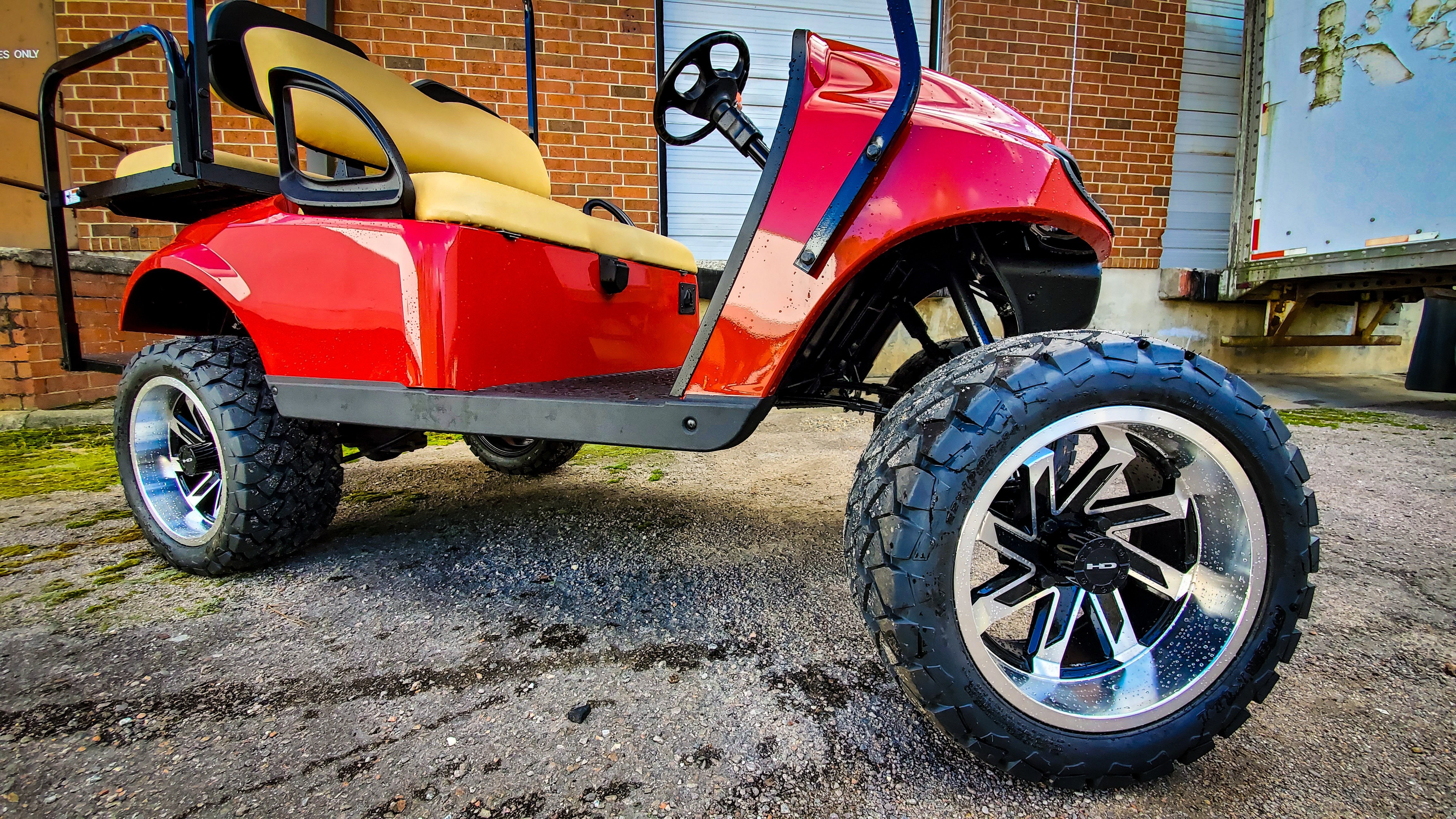 Shop the HD Golf Wheels SAW Gloss Black Machined with A/T Off-Road Tires online today for your Club Car, Cushman, EZGO, ICON EV, Garia, Massimo, Polaris, or Yamaha Golf Cart.
