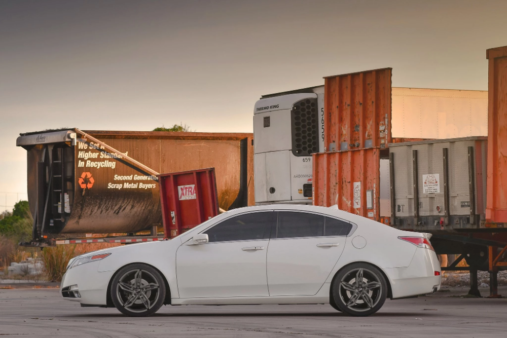 HD Wheels Passenger Car Wheels Fly Cutter in Custom Color Grey and Black Split 5 Spoke with Directional Spokes 18x8.0 and 20x8.5 5x114.3, 5x4.50 Bolt Pattern Battleship Shark Skin Acura TL SH-AWD