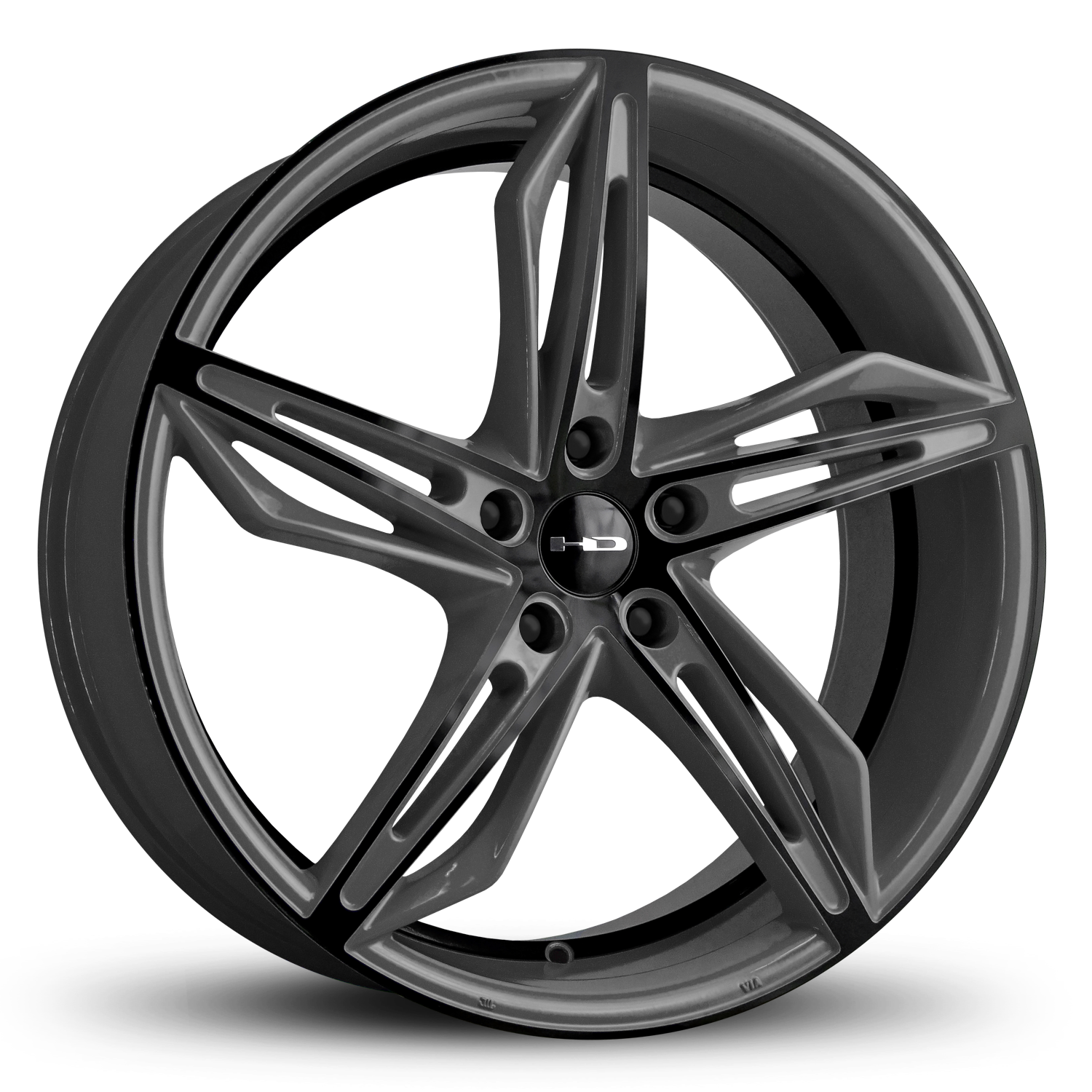 HD Wheels Passenger Car Wheels Fly Cutter in Custom Color Grey and Black Split 5 Spoke with Directional Spokes 18x8.0 and 20x8.5 5x114.3, 5x4.50 Bolt Pattern Battleship Shark Skin