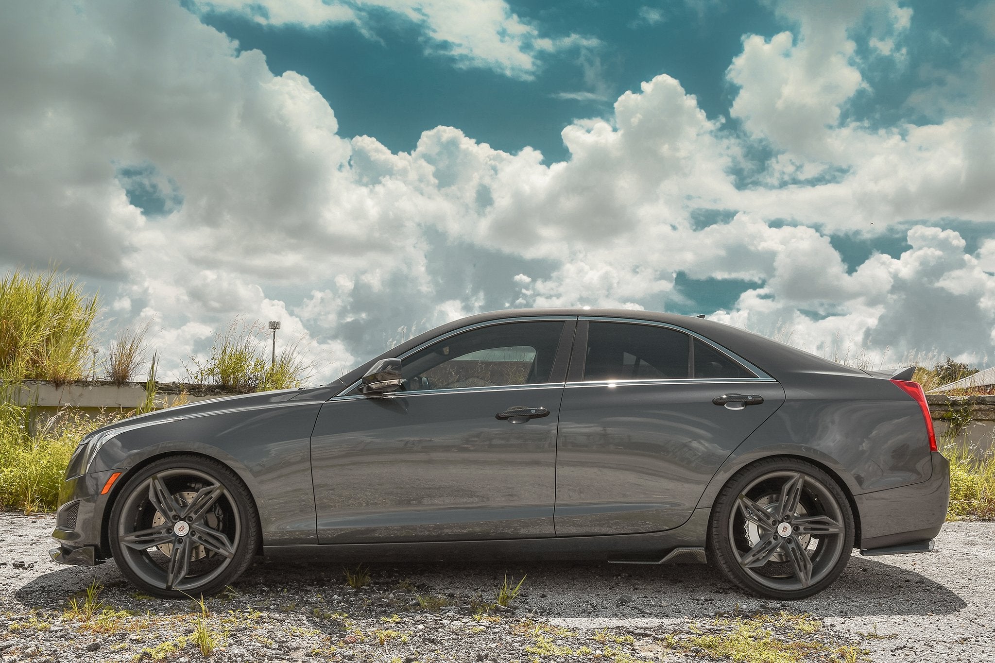HD Wheels Passenger Car Wheels Fly Cutter in Custom Color Grey and Black Split 5 Spoke with Directional Spokes 18x8.0 and 20x8.5 5x114.3, 5x4.50 Bolt Pattern Battleship Shark Skin Cadillac ATS