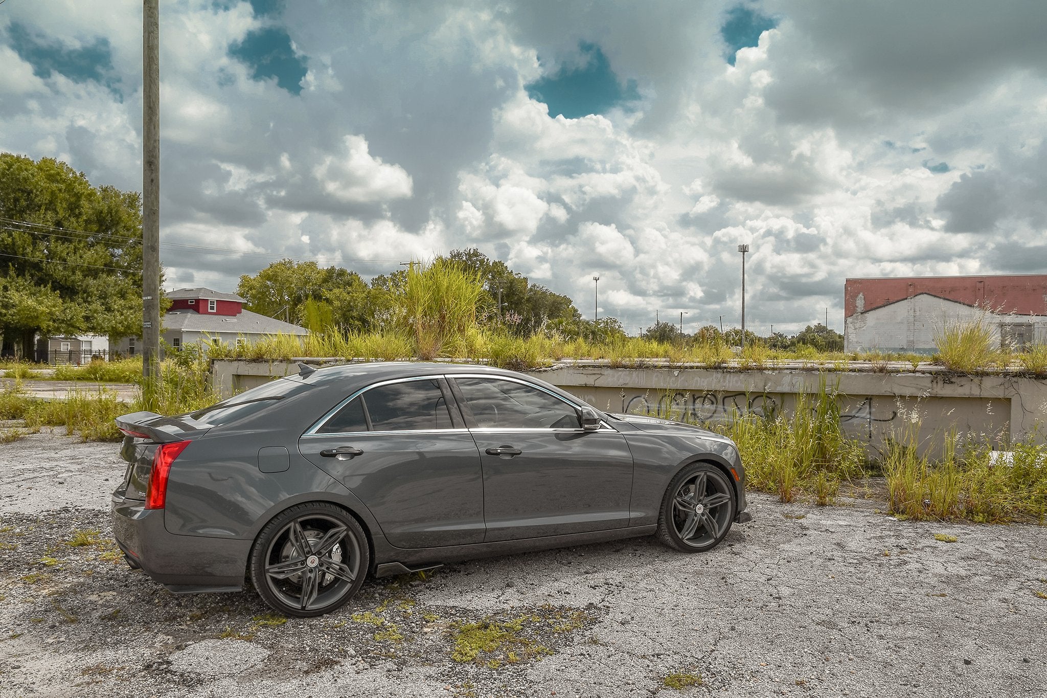 HD Wheels Passenger Car Wheels Fly Cutter in Custom Color Grey and Black Split 5 Spoke with Directional Spokes 18x8.0 and 20x8.5 5x114.3, 5x4.50 Bolt Pattern Battleship Shark Skin Cadillac ATS