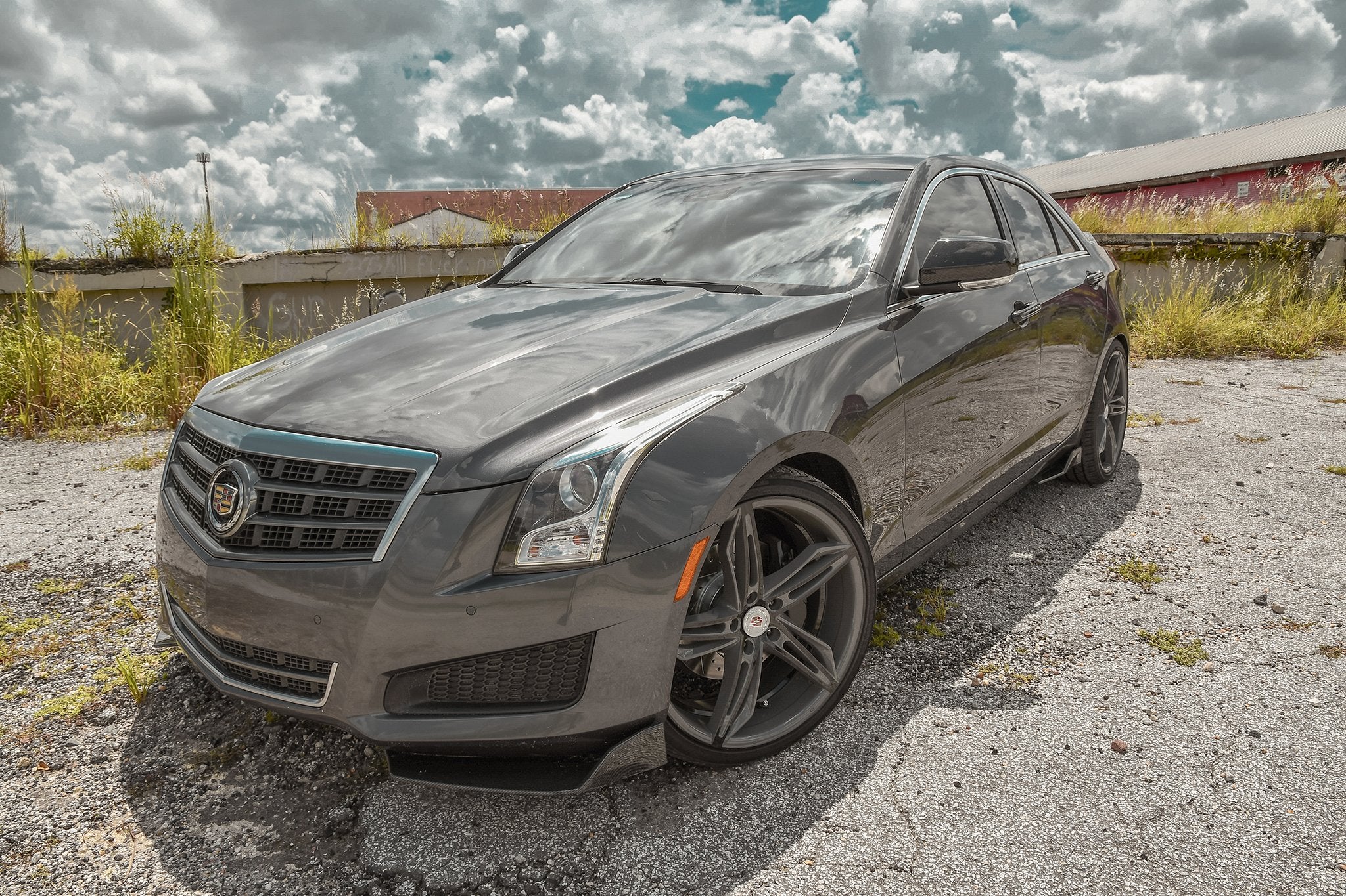 HD Wheels Passenger Car Wheels Fly Cutter in Custom Color Grey and Black Split 5 Spoke with Directional Spokes 18x8.0 and 20x8.5 5x114.3, 5x4.50 Bolt Pattern Battleship Shark Skin Cadillac ATS