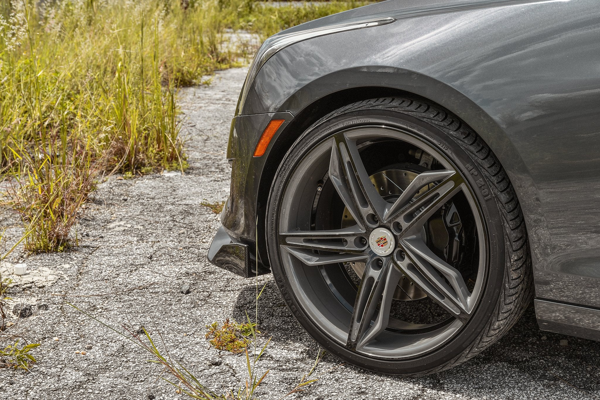 HD Wheels Passenger Car Wheels Fly Cutter in Custom Color Grey and Black Split 5 Spoke with Directional Spokes 18x8.0 and 20x8.5 5x114.3, 5x4.50 Bolt Pattern Battleship Shark Skin Cadillac ATS