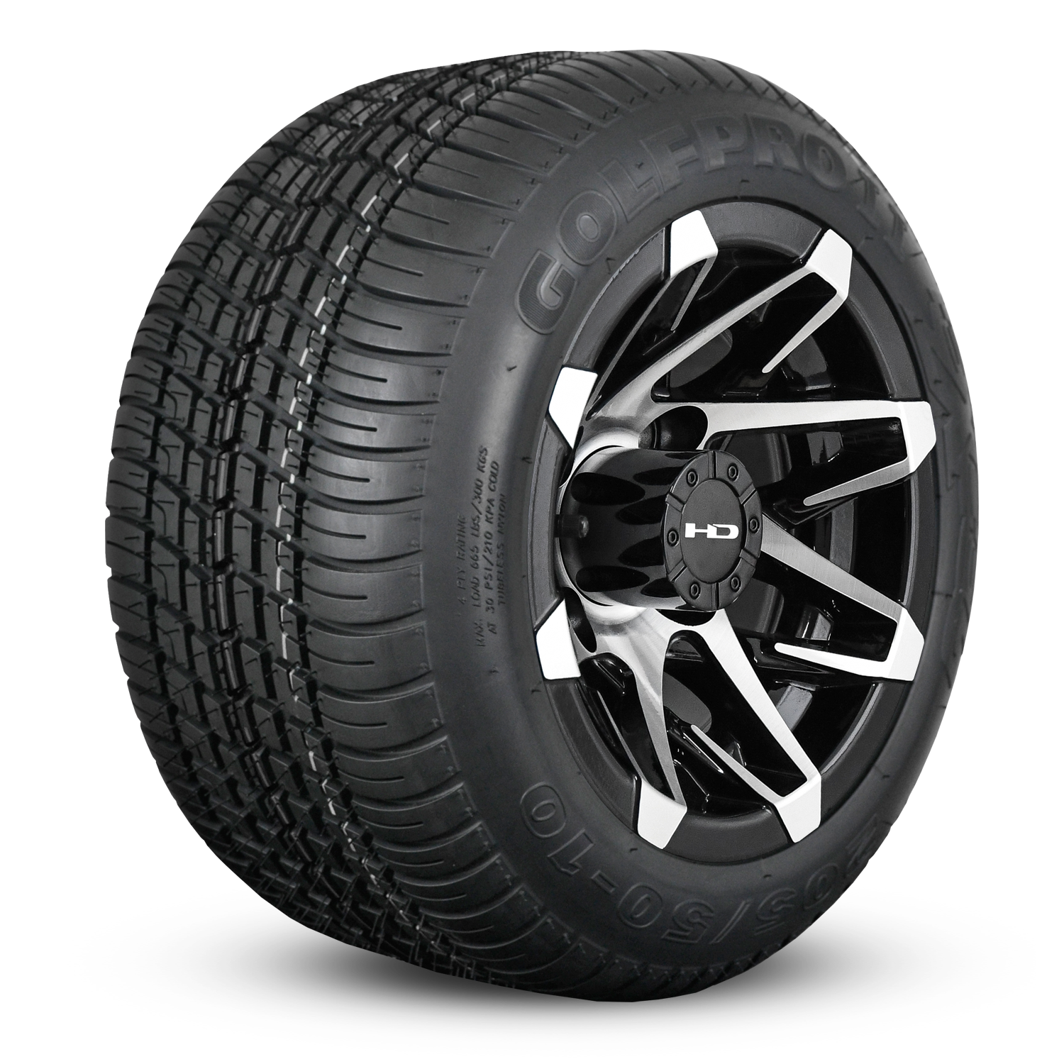 Shop the HD Golf Wheels CANYON Satin Black Machined Face with Turf / Street Tires online today for your Club Car, Cushman, EZGO, ICON EV, Garia, Massimo, Polaris, or Yamaha Golf Cart.