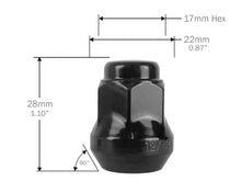Load image into Gallery viewer, Perfectly Tight Small Acorn Hex Lug Nut Kit for Golf Cart Finished in Black Measurement &amp; Specifications