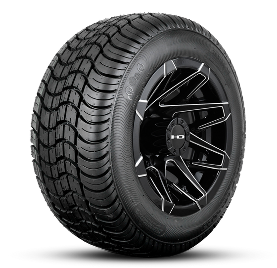 Shop the HD Golf Wheels CANYON Gloss Black Milled Edges with Turf / Street Tires online today for your Club Car, Cushman, EZGO, ICON EV, Garia, Massimo, Polaris, or Yamaha Golf Cart.