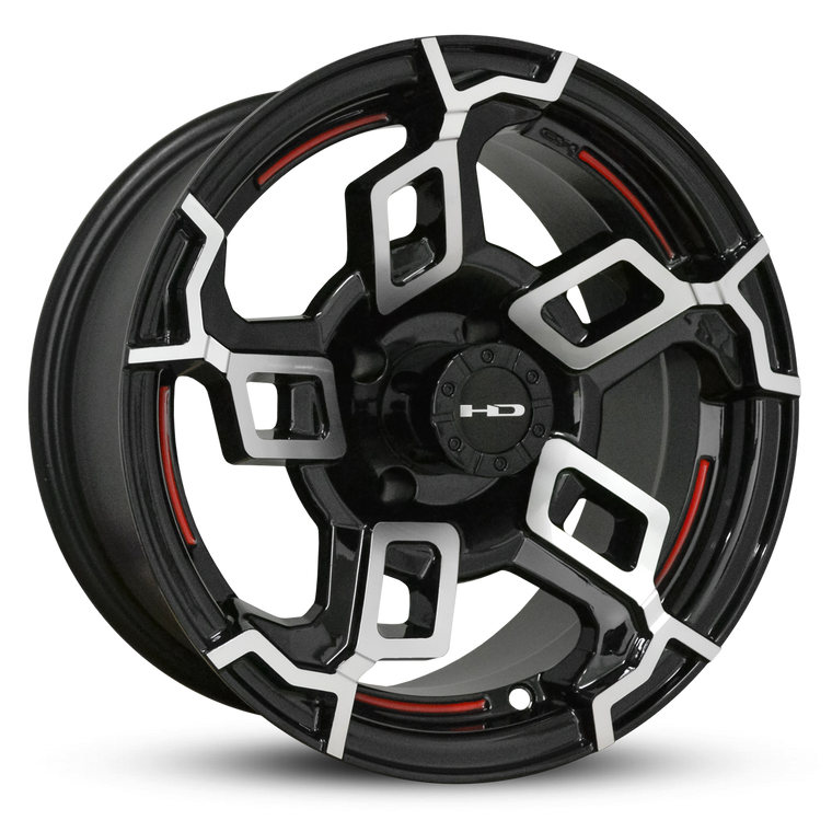 HD Golf Wheels Switch 14x7.0 Golf Cart Wheel Rim in All Gloss Black with full machined face & REDLINE with high voltage Styling.