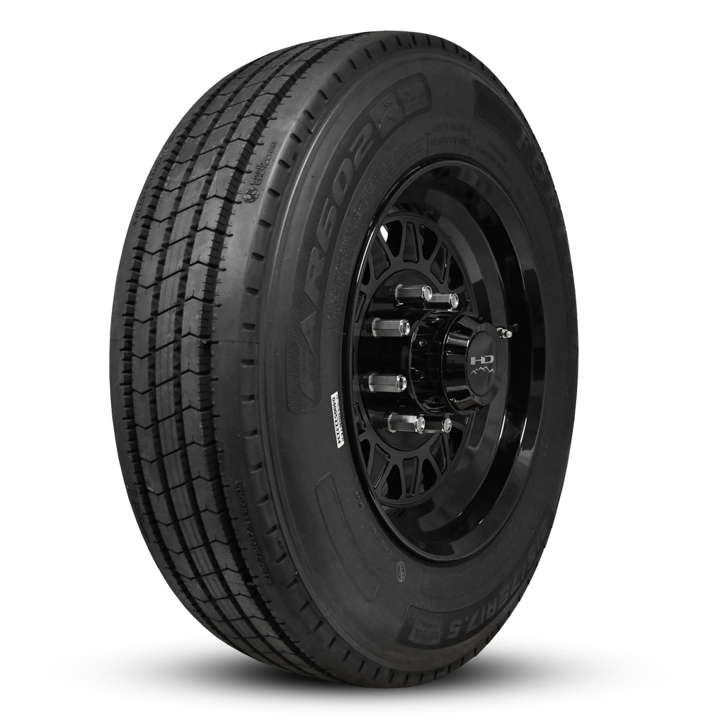 HD Trailer HDT 17x7.5 +0 8x165mm 128.6mm Lug Centric All Gloss Black on Radial Trailer Tire 215/75R17.5 16ply