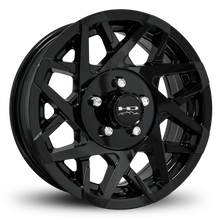 Load image into Gallery viewer, HD Trailer Canyon 15x6.0 +0 5x114.3mm 83mm All Gloss Black Canyon on Radial Trailer Tire 205/75R15 8ply