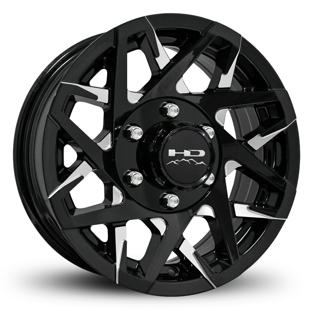 HD Trailer Canyon 15x6.0 +0 6x5.5(139.7mm) 108mm Gloss Black Milled Face on Radial Trailer Tire 225/75R15 10ply