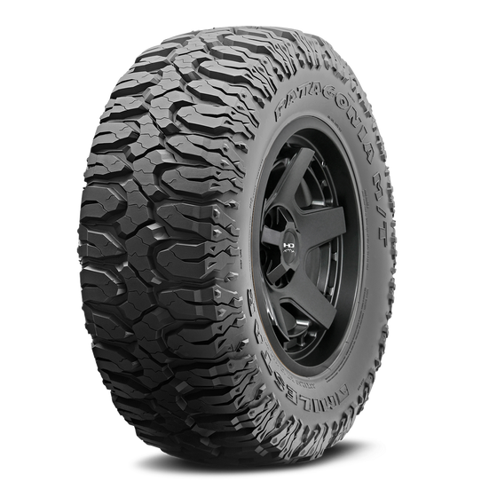 MILESTAR Patagonia M/T Mud Terrain Tire with the HD Off-Road Overland Sector Atlas in 17x9.0 All Satin Black Angled Shot Mounted & Balanced Wheel & Tire Package
