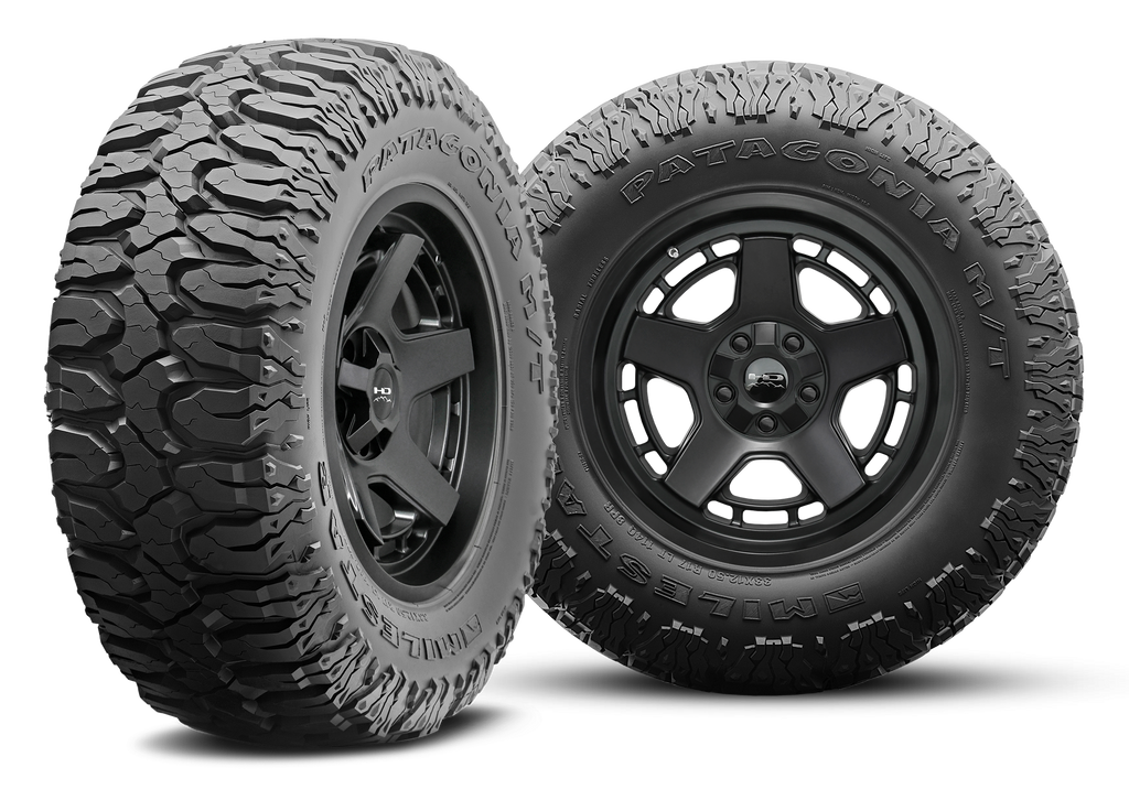 MILESTAR Patagonia M/T Mud Terrain Tire with the HD Off-Road Overland Sector Atlas in 17x9.0 All Satin Black Angled & Flat Shot Mounted & Balanced Wheel & Tire Package