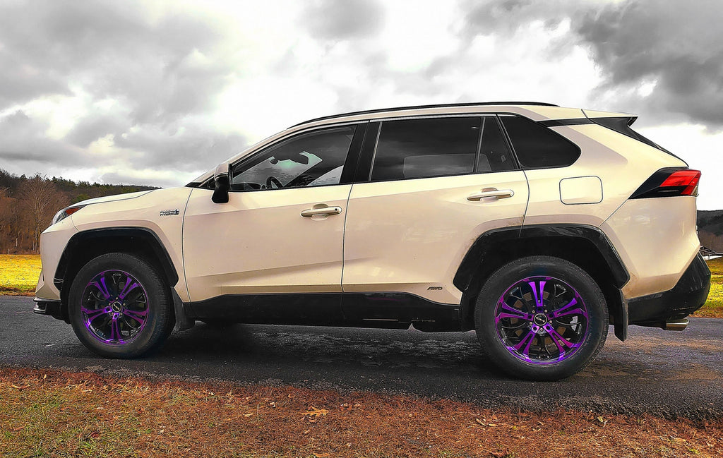 2023 TAN Toyota RAV4 with the HD Wheels Original Spinout in Black & Purple Custom Wheel Rims 18x7.5  Side Profile Shot
