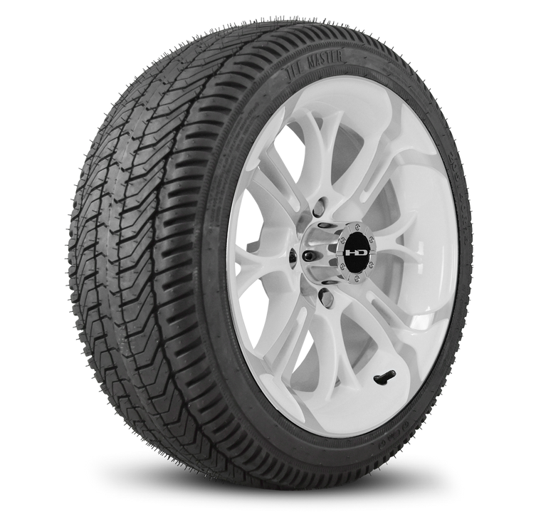 HD Golf Wheels Spinout Wheel & Tire Package in Gloss White with Machined Face and 2054014 Street Tread Tire Mounted and Shipped to your Door Ready to Install