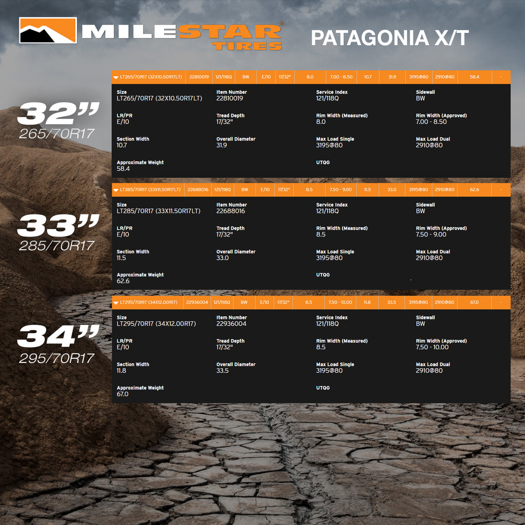 MILESTAR Patagonia X/T All Terrain Tire Specifications HD Off-Road Overland Sector