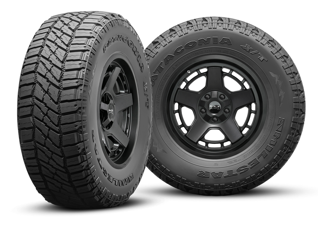 MILESTAR Patagonia X/T 40K Mile Warranty All Terrain Tire with the HD Off-Road Overland Sector Atlas in 17x9.0 All Satin Black Angled & Flat Shot Mounted & Balanced Wheel & Tire Package