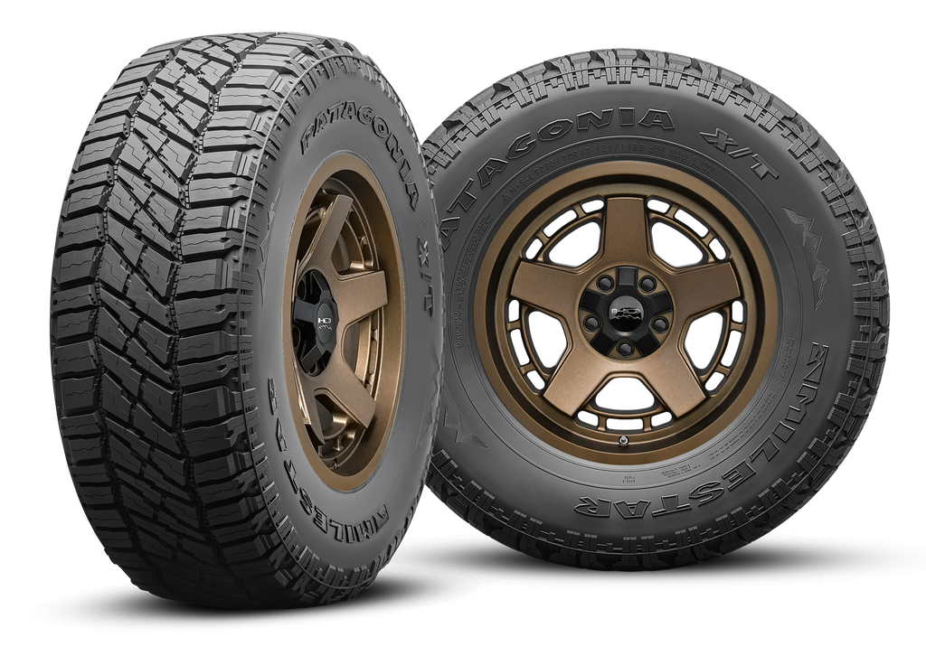 MILESTAR Patagonia X/T 40K Mile Warranty All Terrain Tire with the HD Off-Road Overland Sector Atlas in 17x9.0 All Satin Bronze Angled & Flat Shot Mounted & Balanced Wheel & Tire Package