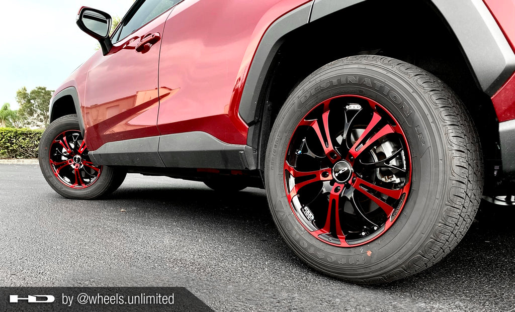 2021 Toyota RAV4 RED with 17x7.0 HD Wheels Original Spinout in Black & Red Custom Wheels