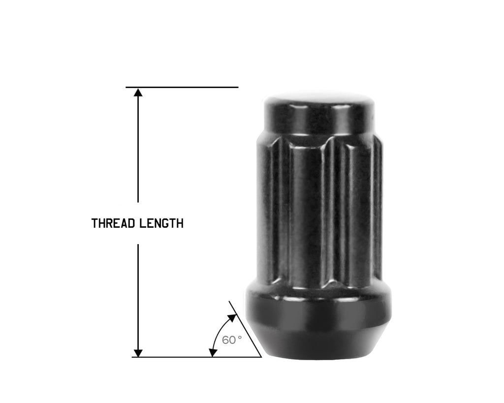 Perfectly Tight 7 Spline Lug Nut Tapered Seat 14x1.25 x 25mm - Black Steel - Set of 20 w/ Key