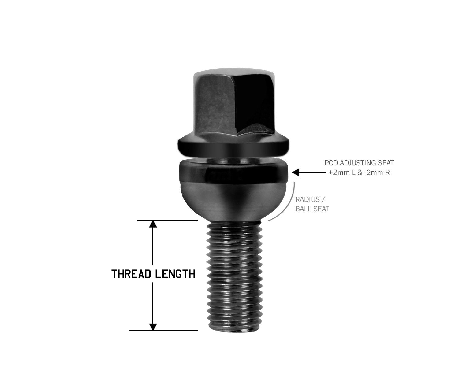 Perfectly Tight Adjustable 17mm Hex Lug Bolt Radius Seat 14x1.5 x 26mm - Black Steel - Set of 20