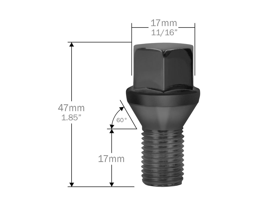 Perfectly Tight 19mm Hex Lug Bolt Tapered Seat 12x1.5 x 17mm - Black Steel - Set of 20