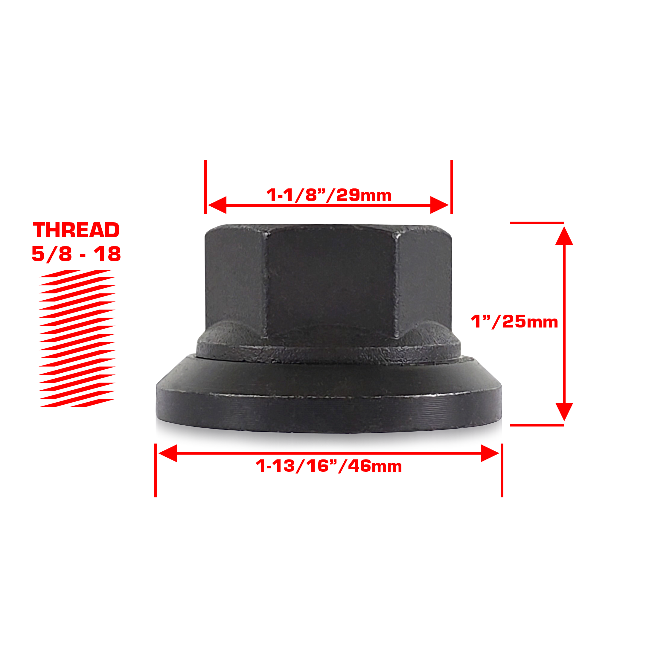 Perfectly Tight 29mm Hex Swivel Flat Seat Open Lug Nut 5/8-18 x 25mm - Black Oxide Steel - 1 Piece