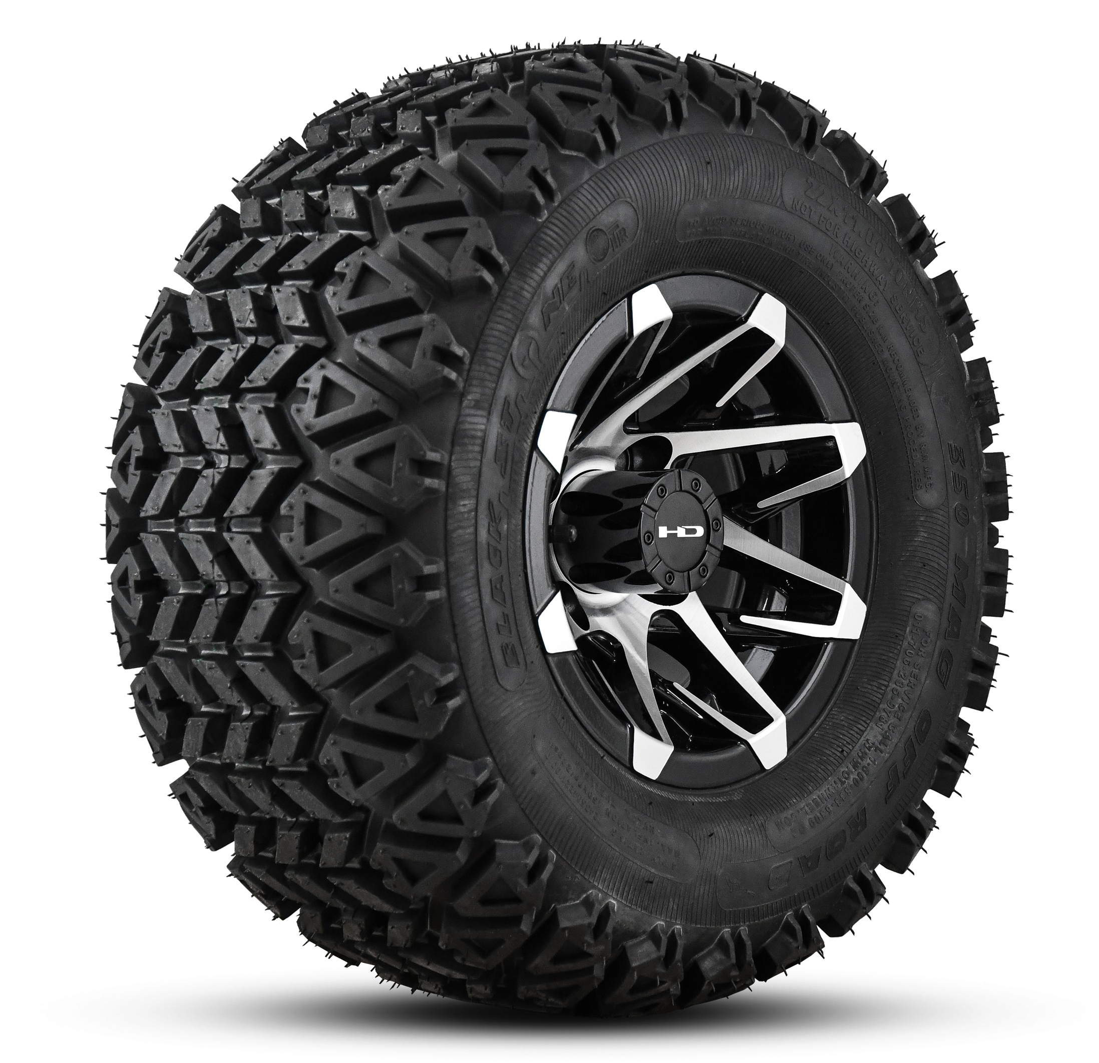 Shop the HD Golf Wheels CANYON Gloss Black Machined Face with A/T Off-Road Tires online today for your Club Car, Cushman, EZGO, ICON EV, Garia, Massimo, Polaris, or Yamaha Golf Cart.