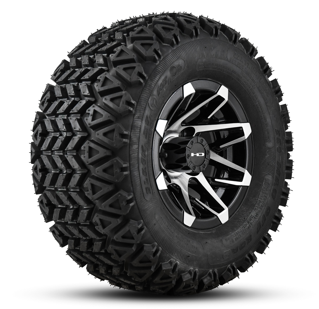 Shop the HD Golf Wheels CANYON Gloss Black Machined Face with A/T Off-Road Tires online today for your Club Car, Cushman, EZGO, ICON EV, Garia, Massimo, Polaris, or Yamaha Golf Cart.
