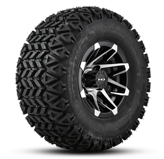 Shop the HD Golf Wheels CANYON Gloss Black Machined Face with A/T Off-Road Tires online today for your Club Car, Cushman, EZGO, ICON EV, Garia, Massimo, Polaris, or Yamaha Golf Cart.