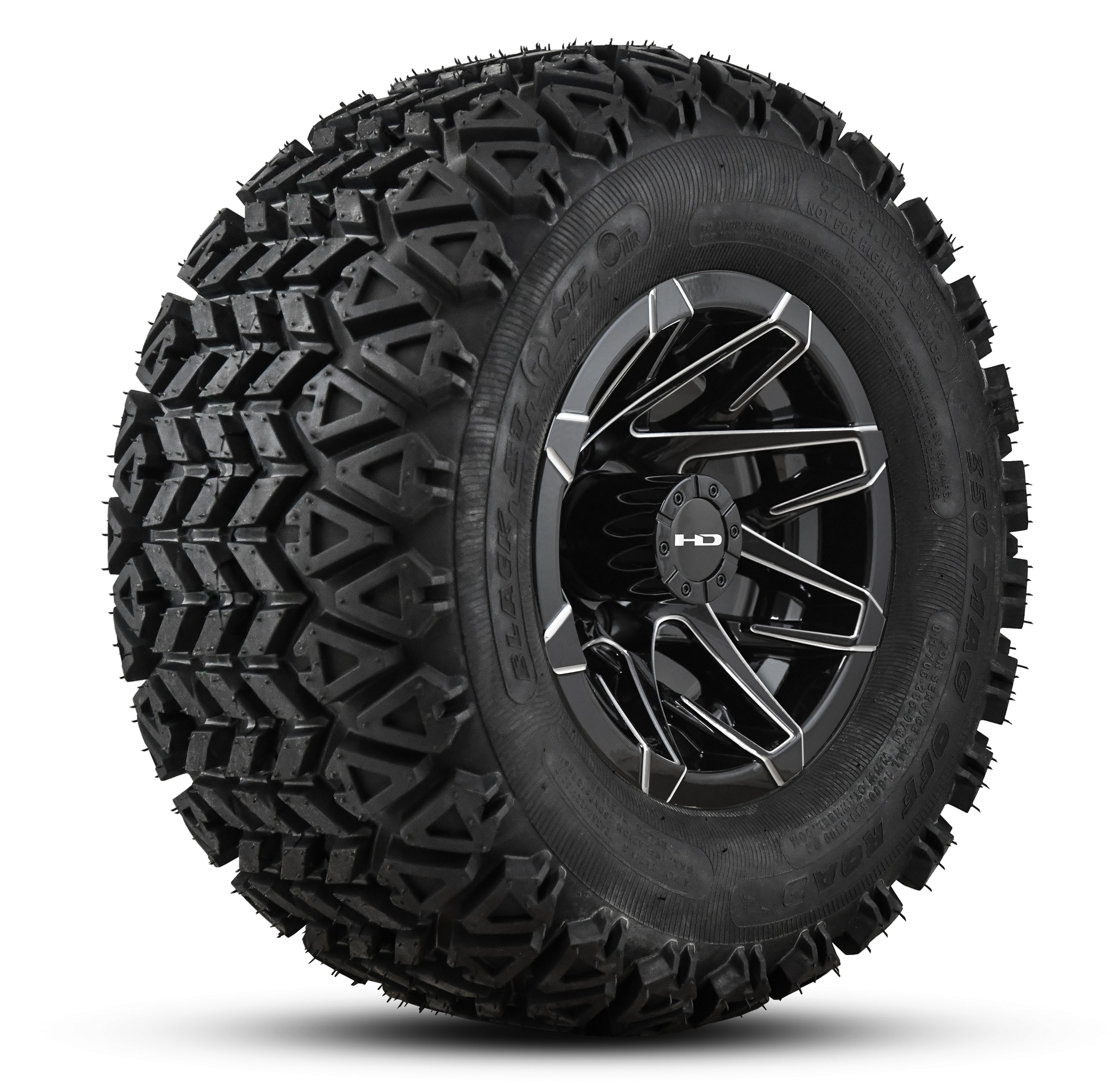 Shop the HD Golf Wheels CANYON Gloss Black Milled Edges with A/T Off-Road Tires online today for your Club Car, Cushman, EZGO, ICON EV, Garia, Massimo, Polaris, or Yamaha Golf Cart.