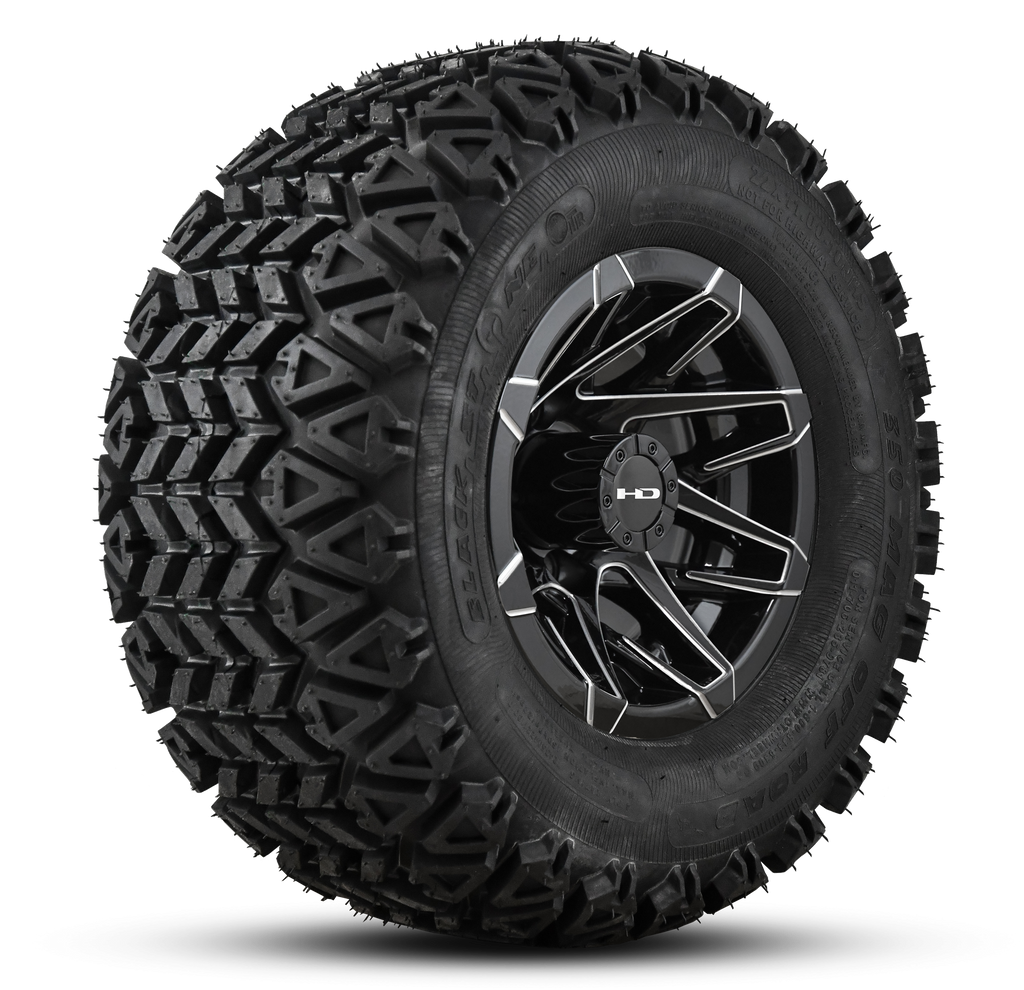 Shop the HD Golf Wheels CANYON Gloss Black Milled Edges with A/T Off-Road Tires online today for your Club Car, Cushman, EZGO, ICON EV, Garia, Massimo, Polaris, or Yamaha Golf Cart.