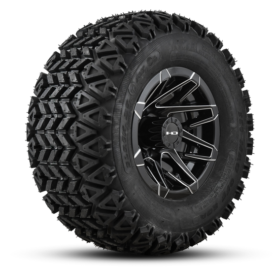 Shop the HD Golf Wheels CANYON Gloss Black Milled Edges with A/T Off-Road Tires online today for your Club Car, Cushman, EZGO, ICON EV, Garia, Massimo, Polaris, or Yamaha Golf Cart.