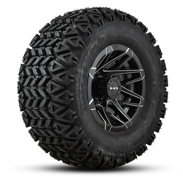 Shop the HD Golf Wheels CANYON Gloss Black Milled Edges with A/T Off-Road Tires online today for your Club Car, Cushman, EZGO, ICON EV, Garia, Massimo, Polaris, or Yamaha Golf Cart.